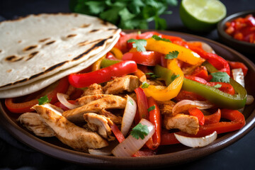 Chicken fajitas with grilled bell peppers and onions, served with fresh pico de gallo and salsa, captured in a mouth-watering macro shot.