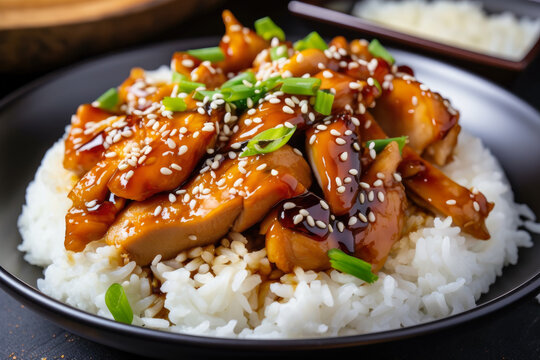 A succulent grilled chicken teriyaki dish, topped with sesame seeds and green onions, served with steamed rice and a sprinkle of red pepper flakes; a flavorful, homemade fusion of Japanese