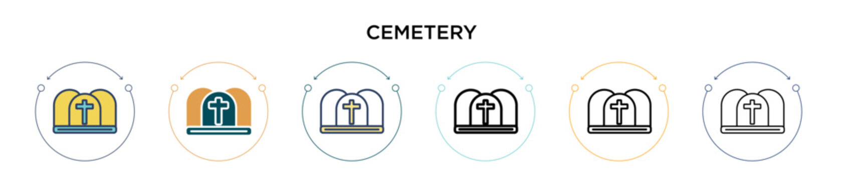 Cemetery icon in filled, thin line, outline and stroke style. Vector illustration of two colored and black cemetery vector icons designs can be used for mobile, ui, web