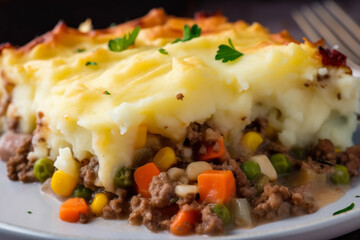 Shepherd's pie slice on a plate: A close-up showcasing the contrasting colors and textures of the flavorful filling and creamy mashed potato topping.
