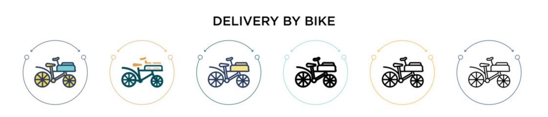 Fototapeta na wymiar Delivery by bike icon in filled, thin line, outline and stroke style. Vector illustration of two colored and black delivery by bike vector icons designs can be used for mobile, ui, web
