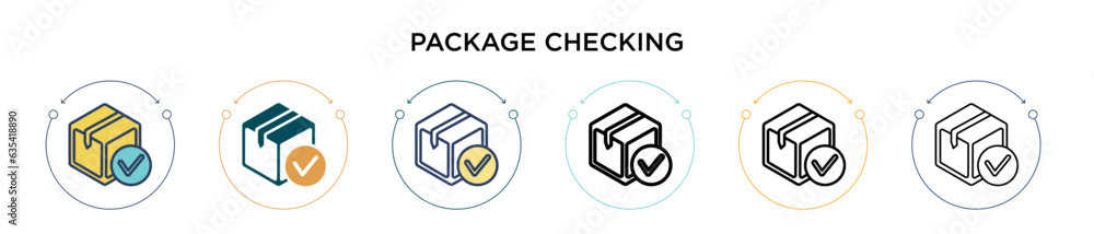 Poster package checking icon in filled, thin line, outline and stroke style. vector illustration of two col