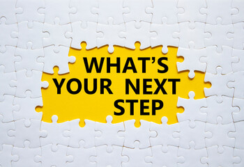 What is your next step symbol. White puzzle with words What is your next step. Beautiful yellow...