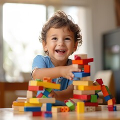 young kid playing with blocks at home, ai generated