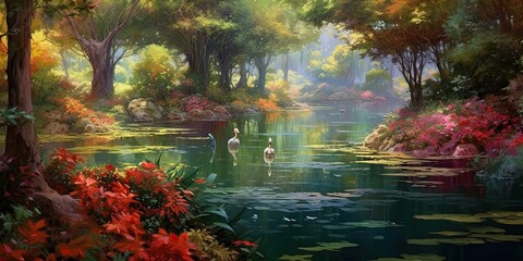Duck Pond Harmony - A tranquil pond with ducks gliding on the calm water, surrounded by vibrant foliage. 🦆🍃