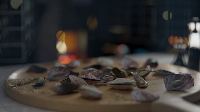 3D cinematic render of a fresh oysters on a round plate .Oyster season. Seafood dish. Oyster on the half shell.