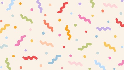 Colorful confetti doodle background. Abstract fun design with upbeat childish scribble. Minimalist festive backdrop. Trendy memphis elements pattern - obrazy, fototapety, plakaty