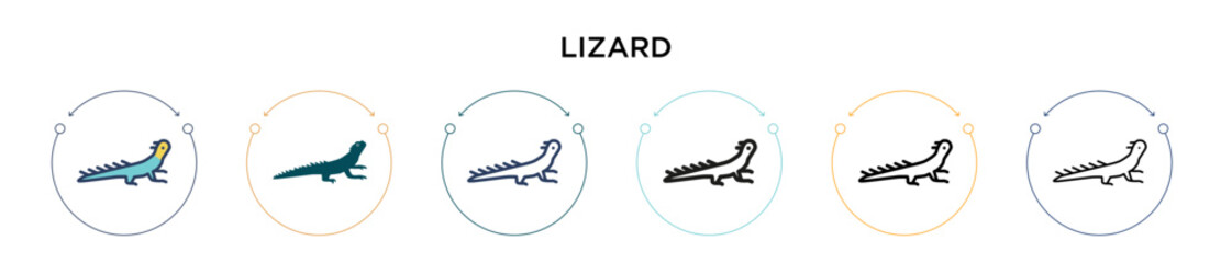 Lizard icon in filled, thin line, outline and stroke style. Vector illustration of two colored and black lizard vector icons designs can be used for mobile, ui, web