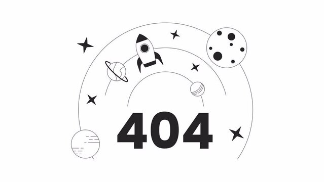 Rocket and planets in space stars black and white error 404 animation. Orbit solar system error message gif, motion graphic. Cosmos with spaceship animated objects linear 4K video isolated on white