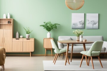 Mint color chairs at round wooden dining table in room with sofa and cabinet near green wall. Scandinavian, mid-century home interior design of modern living room