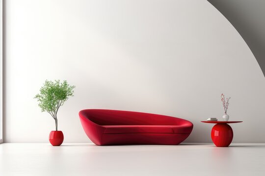 Red curved sofa and armchair near round coffee table against of white blank wall with copy space. Minimalist interior design of modern living room