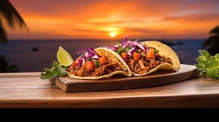 Mexican street taco. Homemade Mexican Tacos with fresh vegetables and meat. National taco day concept. AI photography.