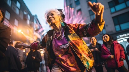 Fototapeta na wymiar Elderly grey-haired woman optimistic modern woman dancing happy and cheerful, smiling moving casual and confident. AI phototography. .