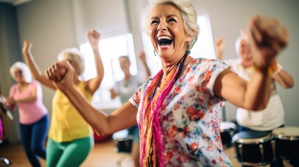 Elderly grey-haired woman optimistic modern woman dancing happy and cheerful, smiling moving casual and confident. AI phototography. .