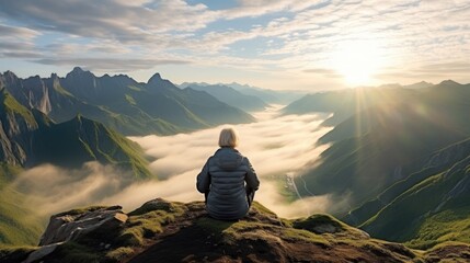 Elderly woman on outdoor sitting looking away on top of a mountain. Woman enjoying recreational activities after retirement. Active retired people concept. AI photography..