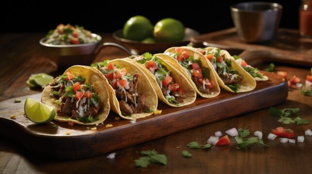 Mexican street taco. Homemade Mexican Tacos with fresh vegetables and meat. National taco day concept. AI photography.