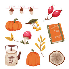 Set autumn cozy elements, stickers with foliage, forest decorations, acorn, mushroom, right rose hip berries, book and pumpkin in cartoon style isolated on white background. 