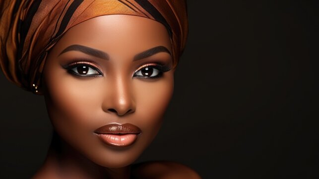 Beauty close-up portrait of beautiful black woman with perfect skin and nude make-up. AI photography..