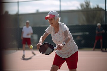 Elder woman playing pickleball in outdoor court. AI generative