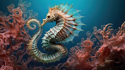 Fototapeta na wymiar Seahorse vibrant portrait. Underwater macro close up of sea horse. AI illustration..
