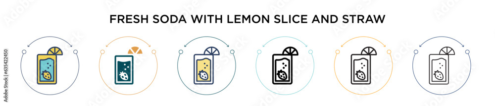 Poster fresh soda with lemon slice and straw icon in filled, thin line, outline and stroke style. vector il