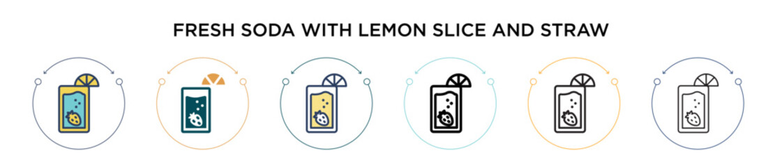 Fresh soda with lemon slice and straw icon in filled, thin line, outline and stroke style. Vector illustration of two colored and black fresh soda with lemon slice and straw vector icons designs can