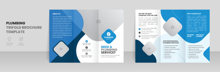 Plumbing service trifold brochure template with handyman, home repair, and plumber brochure design layout