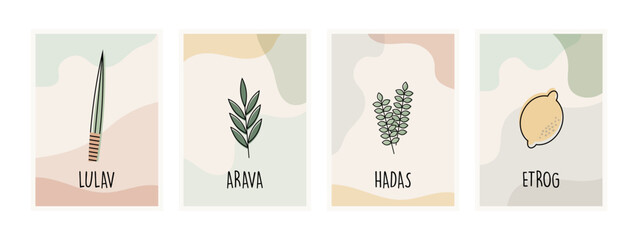 Fototapeta na wymiar Sukkot set of herbs and spices of the etrog, lulav, Arava, Hadas. Jewish holiday.greeting card set. Vector illustration