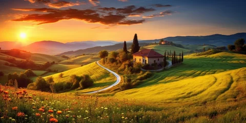 Fototapeten Dreamlight Valley, a picturesque countryside scene. Rolling hills, blooming flowers, and a charming farmhouse nestled under a golden sunset. Serene beauty, an escape. 🌄🌻🌿 © Cool Patterns