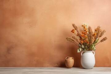 Fototapeta na wymiar Wooden table with vase with bouquet of dried flowers near empty, blank terra cotta wall. Home interior background