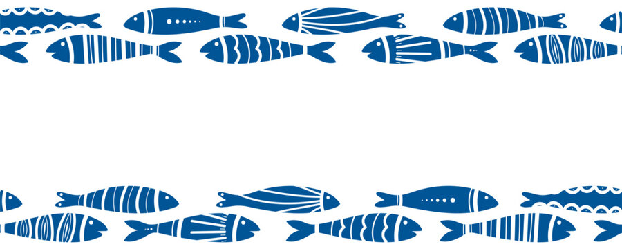 Blue fish swimming vector seamless border. Shoal of fishes isolated on white. Tiling fish pattern. Hand drawn marine illustrations of fish and sea elements. Summer sea beach style
