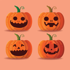 Halloween pumpkins set icon character vector illustration. Pumpkins with scary faces for Autumn festival, harvest  and Halloween day.