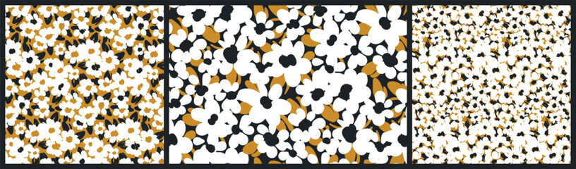 Seamless floral pattern, abstract ditsy print with artistic hand drawn field. Modern botanical design, natural background with small painted flowers, leaves. Vector illustration.