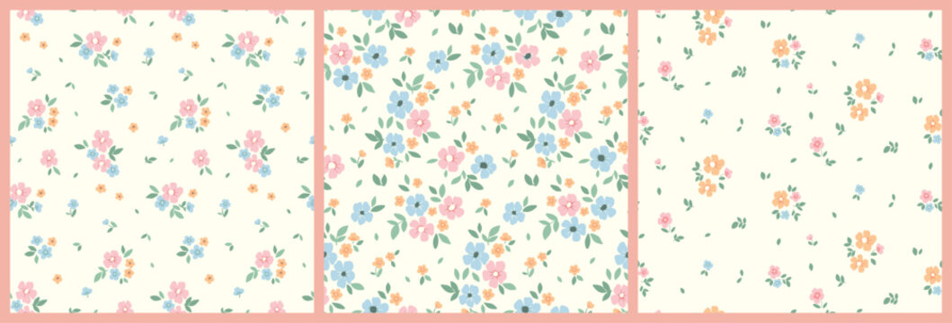 Seamless floral pattern, liberty ditsy print with cute mini plants in collection. Pretty botanical design, romantic background: small hand drawn daisy flowers, tiny leaves on a white field. Vector.