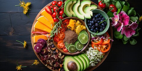 Embrace healthy living, a vibrant plate filled with colorful fruits, crisp veggies, and wholesome grains. Fresh ingredients, a celebration of wellness and nourishment. 🥗🌱💪