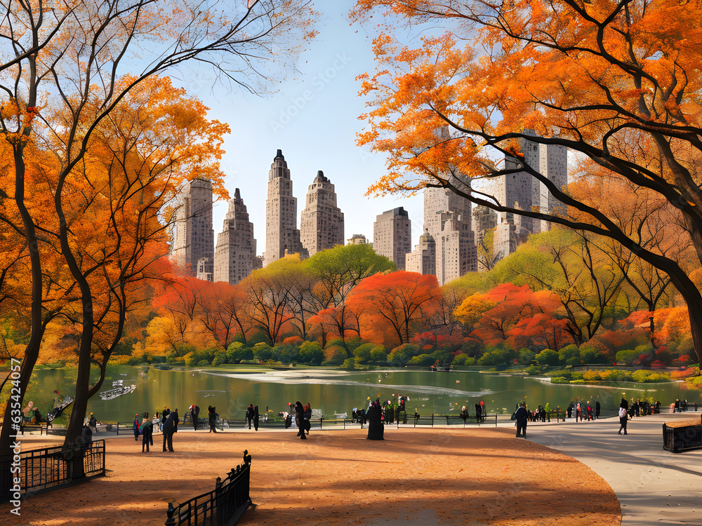 Wall mural central park in autumn season with beautiful fall foliage. Drawing Autumn in New York City. New york skyscrapers view from central park. generative AI