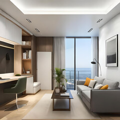 Small studio apparment with modern interior and open balcony hall sofa. Generative AI	