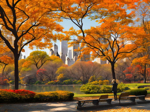 central park in autumn season with beautiful fall foliage. Drawing Autumn in New York City. New york skyscrapers view from central park. generative AI