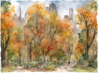 watercolor illustration of central park in autumn season with beautiful fall foliage. Drawing autumn in New York. generative AI - obrazy, fototapety, plakaty