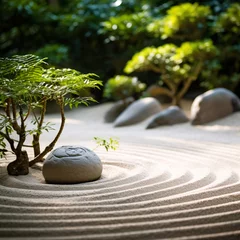 Foto op Plexiglas Stenen in het zand Find inner peace in a zen garden where raked sand patterns and minimalistic foliage set the stage for mindfulness and design