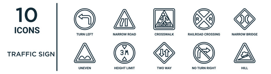 Fototapeta traffic sign outline icon set such as thin line turn left, crosswalk, narrow bridge, height limit, no turn right, hill, uneven icons for report, presentation, diagram, web design obraz