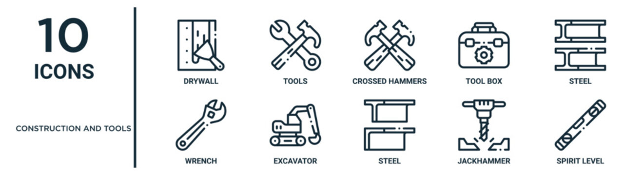 Construction And Tools Outline Icon Set Such As Thin Line Drywall, Crossed Hammers, Steel, Excavator, Jackhammer, Spirit Level, Wrench Icons For Report, Presentation, Diagram, Web Design