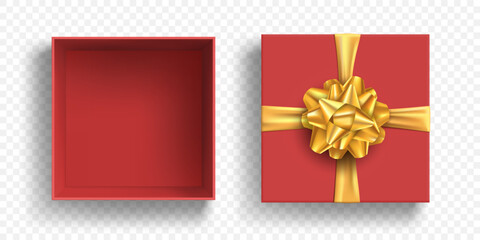 Template open gift box with golden bow and ribbon. Vector mockup isolated on transparent background.