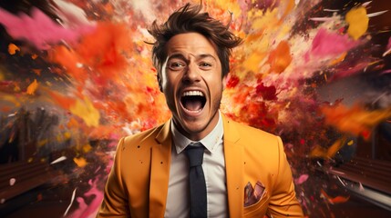 Fototapeta Man in an explosion of colorful joy, generative ai obraz