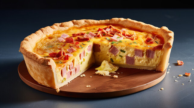 A delicious baked quiche cheese pie with a slice cut out.  Generative AI