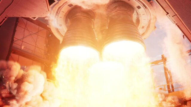Close-up shot of Rocket Engine Ignition. Powerful and Hot Flames Burst out of the Nozzle after Initial Impulse. Space Exploration Rocket Launch. The Camera underneath the Rocket. 
