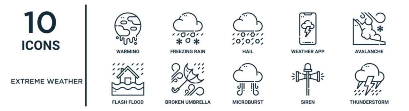 extreme weather outline icon set such as thin line warming, hail, avalanche, broken umbrella, siren, thunderstorm, flash flood icons for report, presentation, diagram, web design