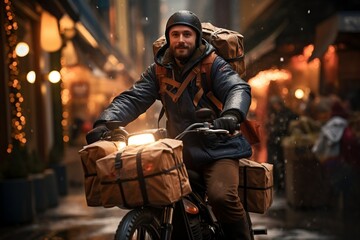 Fototapeta na wymiar A delivery man on a bike, Generative Ai