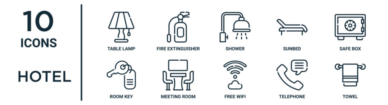 Hotel Outline Icon Set Such As Thin Line Table Lamp, Shower, Safe Box, Meeting Room, Telephone, Towel, Room Key Icons For Report, Presentation, Diagram, Web Design