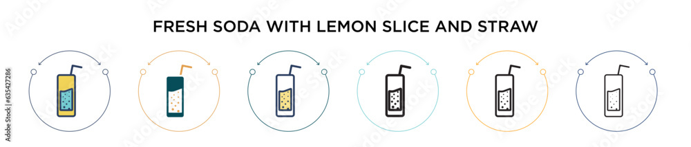 Aufkleber fresh soda with lemon slice and straw icon in filled, thin line, outline and stroke style. vector il